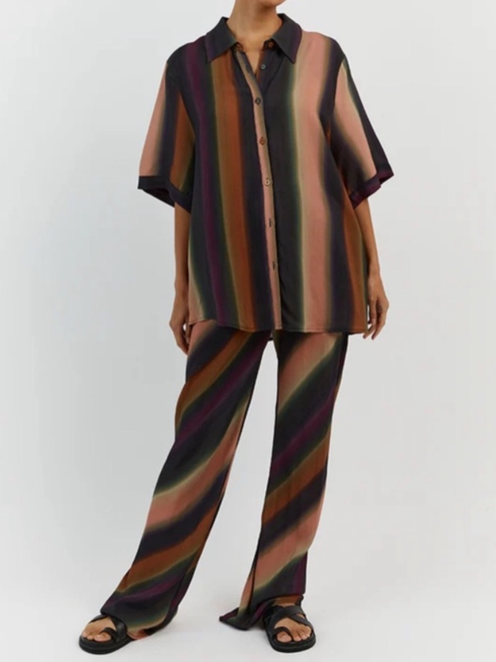 DISSH Striped Satin Pants & Button-Up Set in Black, Brown, Green, Pink
